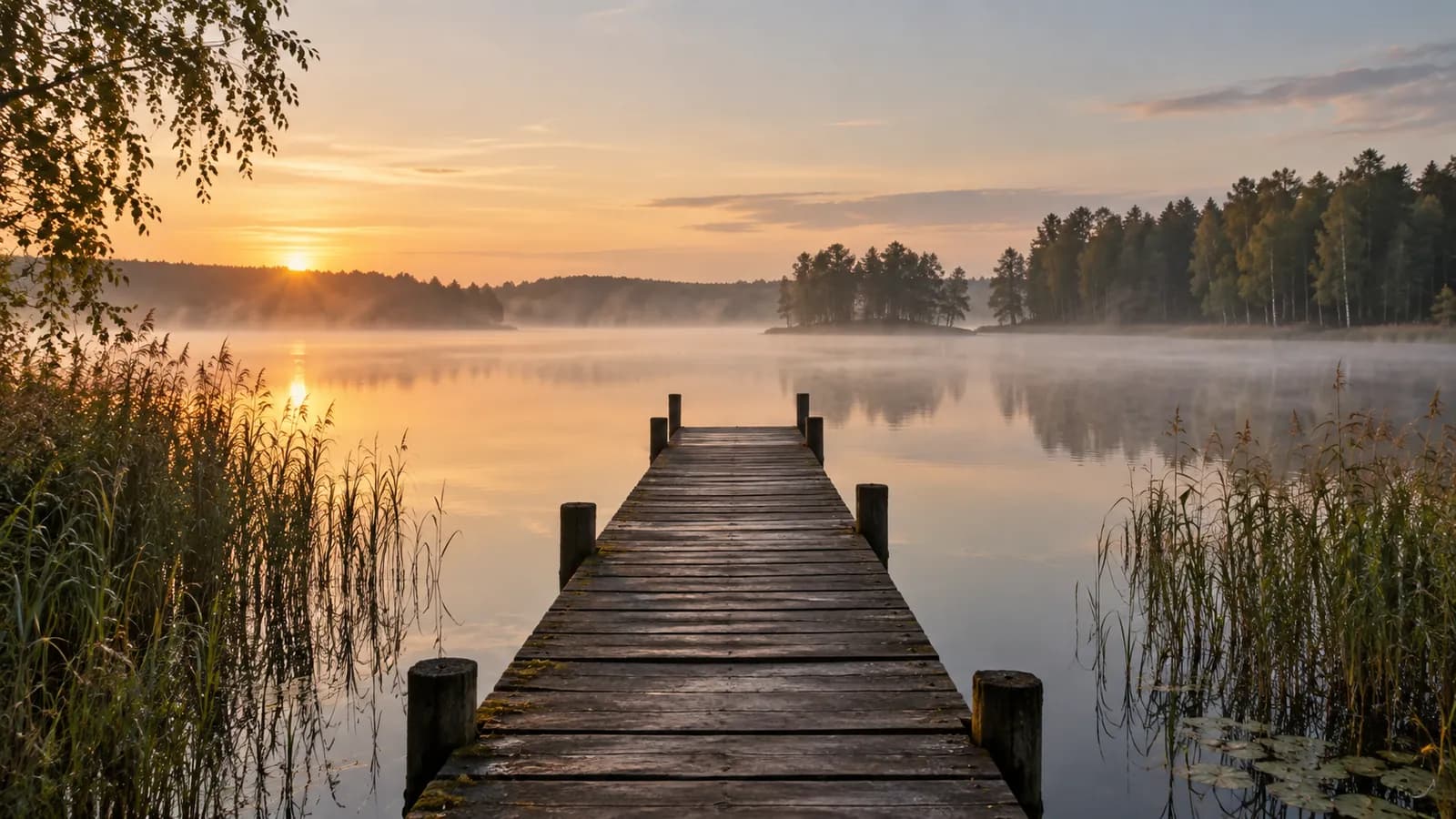 Drewniany pomost o wschodzie słońca, nad jeziorem mgła, na drugim brzegu las